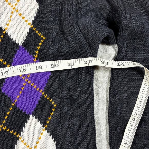 Vintage 90s Argyle Cardigan Womens L Black Cotton Eclectic Grandpa Ugly Sweater - Picture 6 of 9